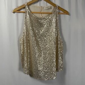 Abercrombie & Fitch Sequin Chiffon Sheer Tank Top Keyhole Neck Gold Womens M